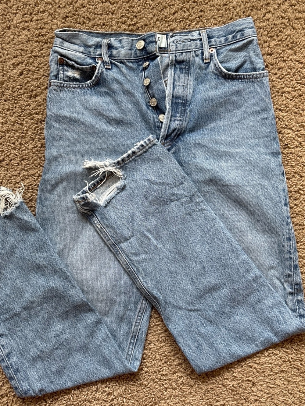 Agolde Women's Light Blue Straight Leg Jeans with Distressed Knee